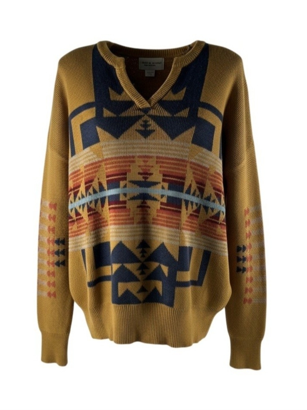 Pendleton Mustard V-Neck Aztec Knit Sweater with Navy and Rust Accents - Picture 2 of 4